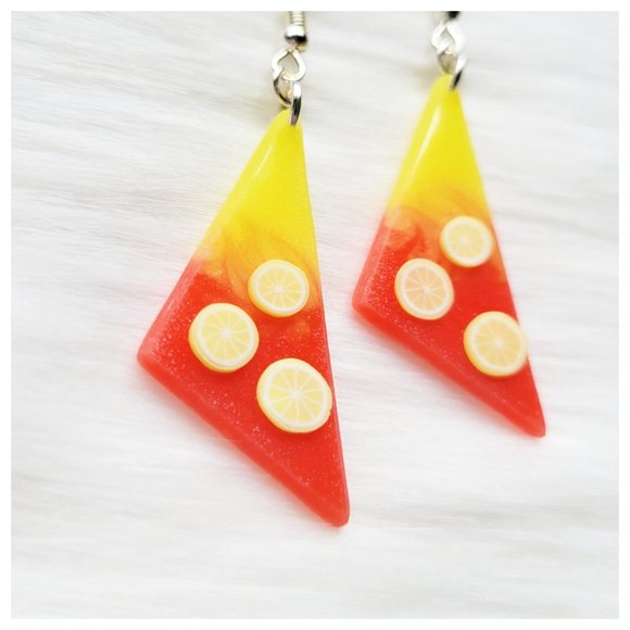 Strawberry Lemonade Earrings Yellow and Pinkish Red Lemon Dangle Earrings - Picture 3 of 10